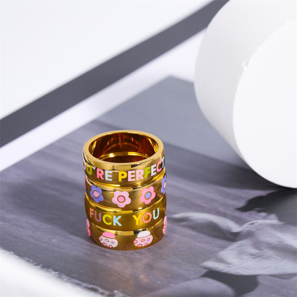 18 Karat Gold Edelstahlring mit Blumenpilz-Buchstaben „Fick dich“, Öltropfenring