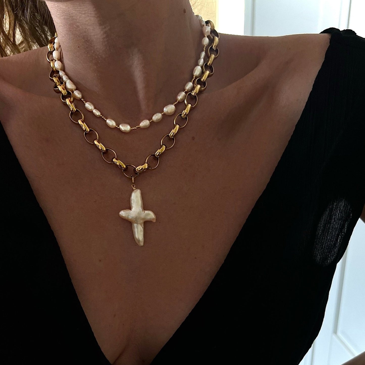 Baroque Pearl Cross Necklace