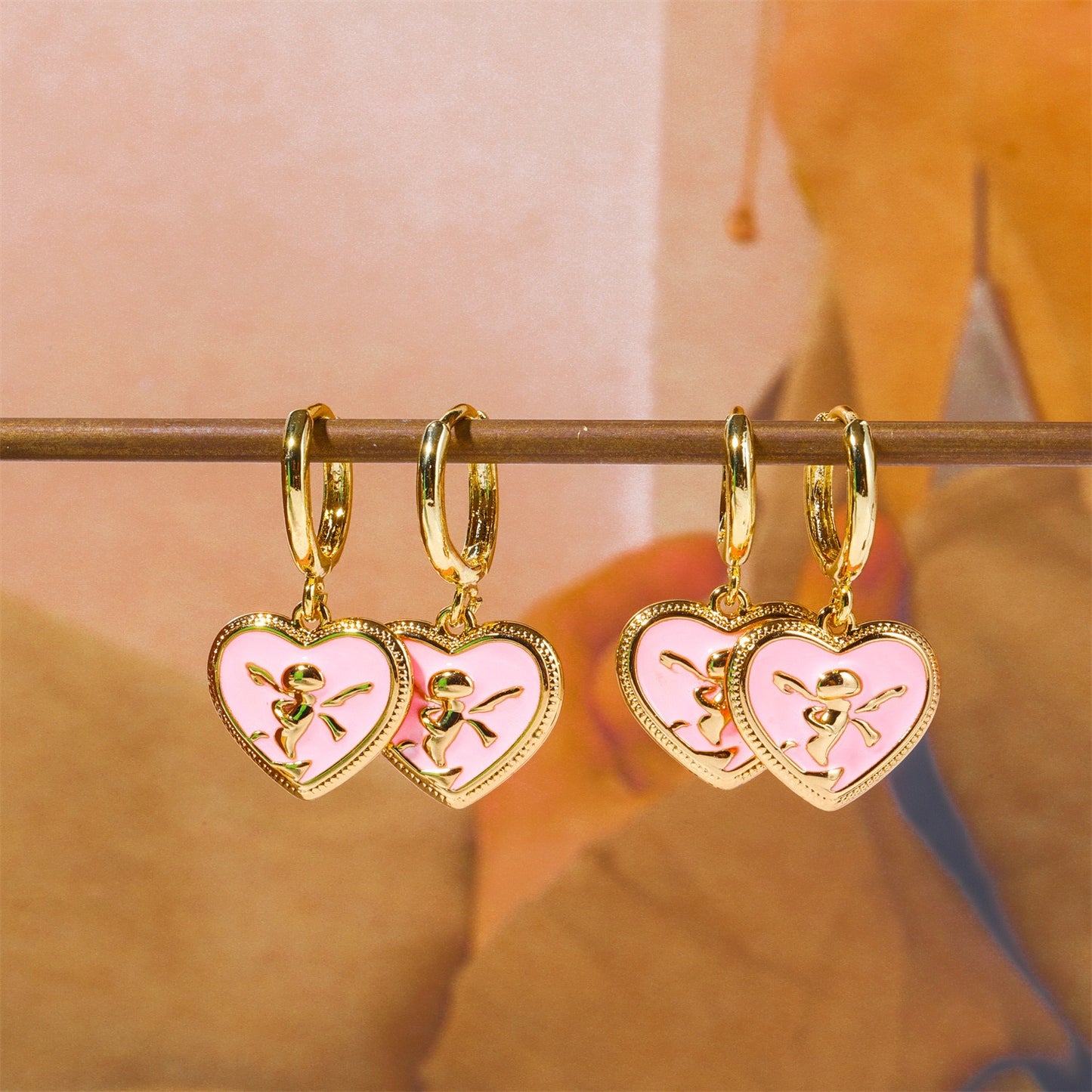 Pink Heart Angel Oil Drop Earrings