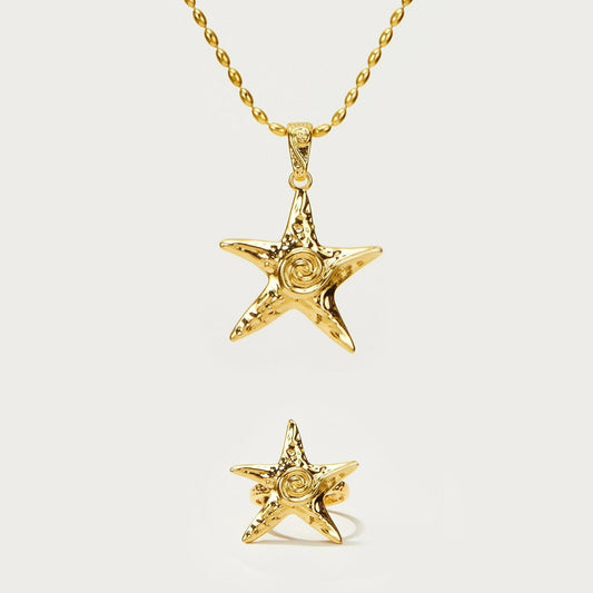 4-piece set, 18K gold beach starfish necklace, summer style ring, earrings, necklace, brass plated color-preserving