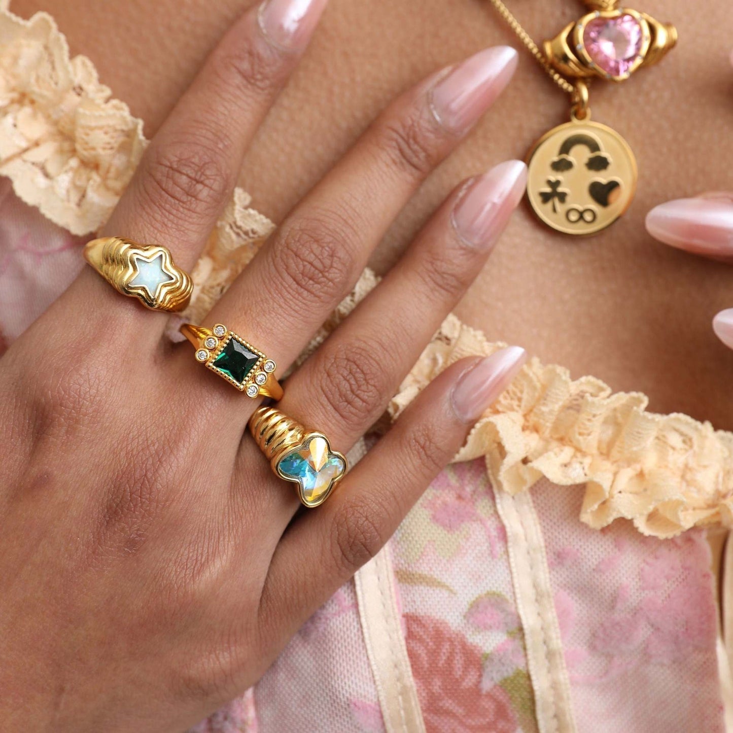 Heart Butterfly Flower Opal Rainbow Stone Ring