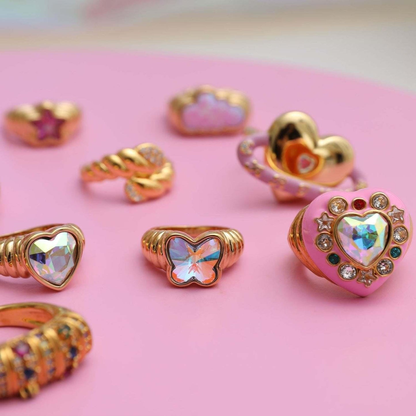 Heart Butterfly Flower Opal Rainbow Stone Ring